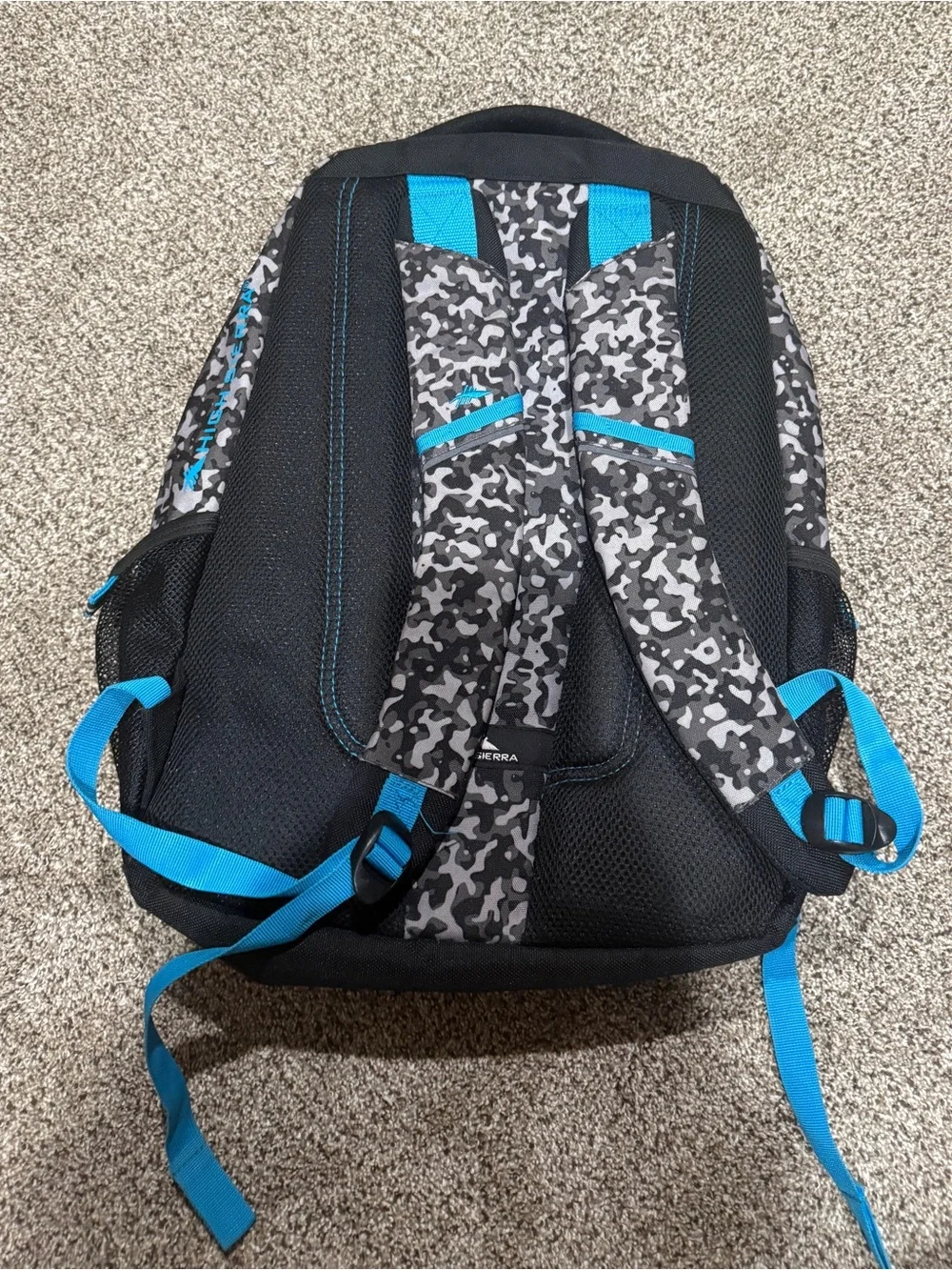 High Sierra Grey Camo Backpack with Bright Blue Accents